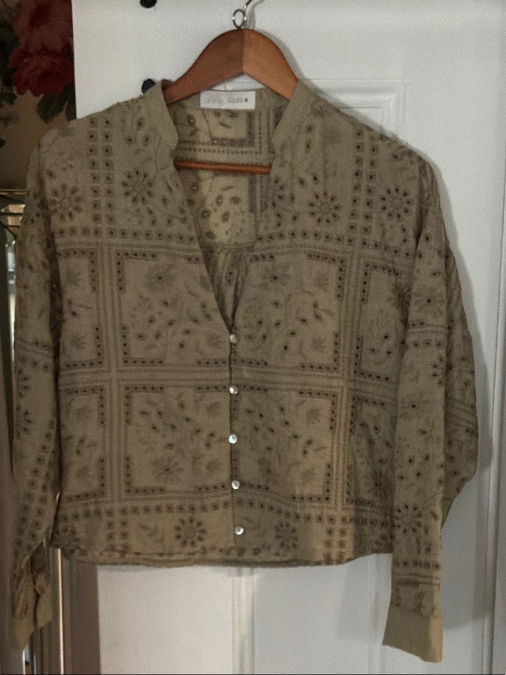 Zara Olive Green Printed Linen Blend Shirt Jacket